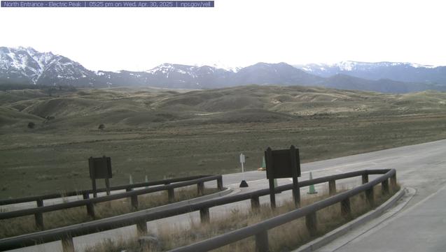 Morning views from this webcam are spectacular, especially during the winter when the morning sun touches Electric Peak.

Look for wildlife—elk, bison, and pronghorn can be seen grazing here. Occasionally you may see the top of oversize vehicles—RVs, tour buses, and delivery trucks—as they stop at the entrance station.