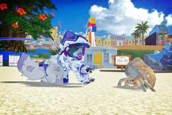 The photo shows an animated character, resembling a furry creature in a hooded outfit, interacting with a hermit crab on a beach. The background depicts a stylized seaside town with buildings and palm trees. The scene appears to be from a virtual world or video game.