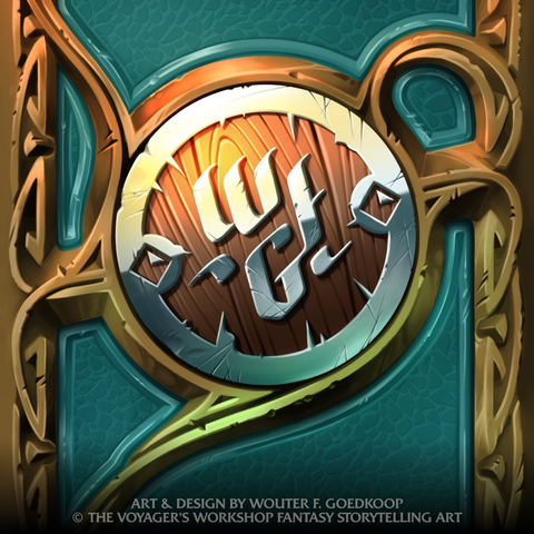 Close up on the back of my business card, featuring the Voyager’s Workshop shield emblem.