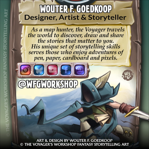 Closeup of the front side of my business card featuring a stylized illustration of the Map Hunter, aka the Voyager, as well as logos of all the social media platforms where I can be found with the handle @wfgWorkshop.