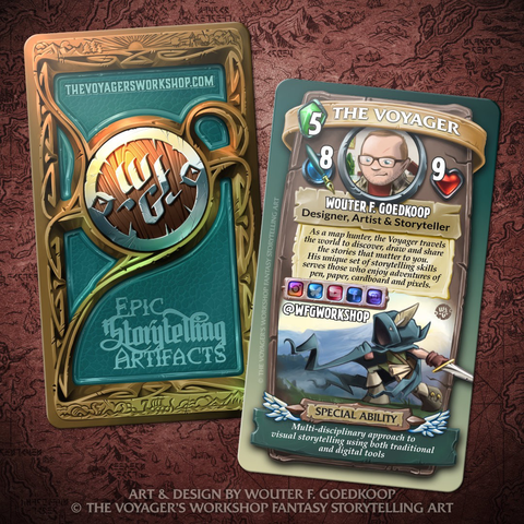 Both sides of my business card with a deep dark brown background featuring a fantasy world map.