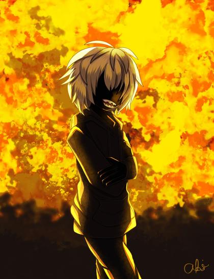 A friend's oc/persona. Pitch black skin, no eyes visible, sharp-toothed mouth, and a black hoodie and pants. Stood against an explosion backdrop.