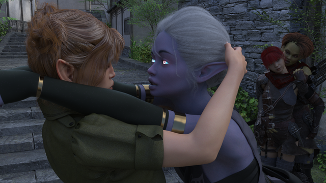 A Drow elf girl hugging another elf girl, while an Orc and an elf girls look on.
