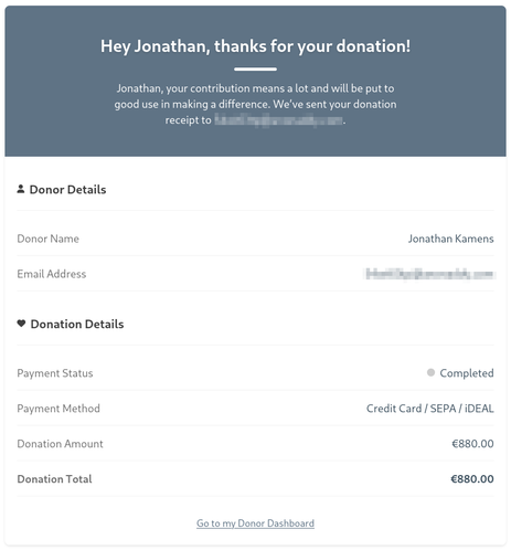 Screenshot of confirmation of 880€ donation to Trans Rescue from me