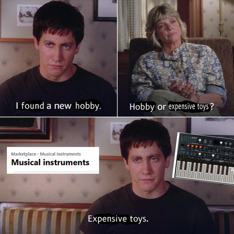 The Donny Darko "imaginary friend" meme template. The original subtitles have been drawn over.
First panel, Donny says: "I found a new hobby"
Second panel, his therapist asks him: "Hobby or expensive toys?"
Third panel, with a tired dejection, Donny says: "Expensive toys."
On the third panel, there is a screenshot of the "musical instruments" section of Facebook Marketplace, as well as an image of an Arturia Microfreak.