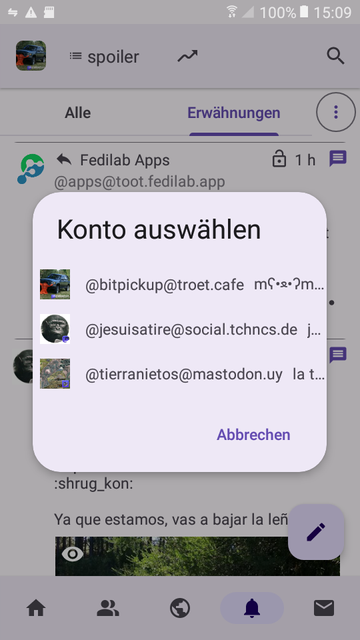 Image of an android screen showing the fediLab APP offering with witch account to respond to fedilabs answer.