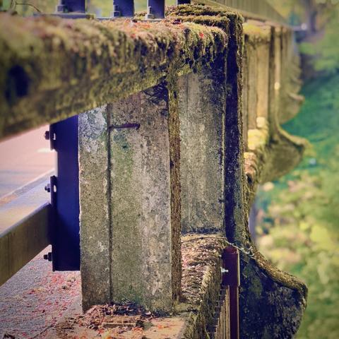 A view from the side of a bridge on one end down to the other reveals numerous green, moss-covered columns and other concrete supports on a cloudy day.