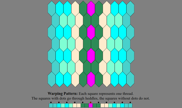An Inkle weaving diagram and warping pattern in the color sequence listed in the text description: The warping pattern is a line of colored boxes with small dots above every other one, above which it states: "Warping Pattern: Each square represents one thread. The squares with dots go through heddles, the squares without dots do not." The weaving diagram is a series of tessellated lozenge shaped tiles illustrating how the pattern will appear when woven.