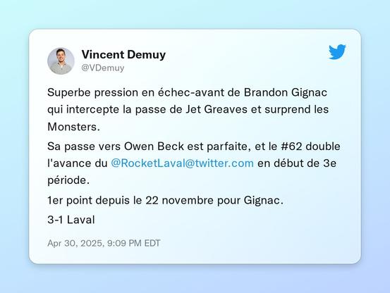 Superbe pression en échec-avant de Brandon Gignac qui intercepte la passe de Jet Greaves et surprend les Monsters.

Sa passe vers Owen Beck est parfaite, et le #62 double l'avance du @RocketLaval en début de 3e période. 

1er point depuis le 22 novembre pour Gignac. 

3-1 Laval