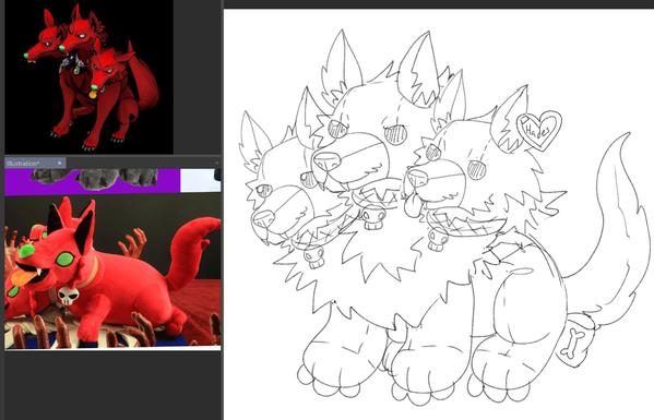 cerberus from hades sketched as a beanie baby! they are a red 3 headed demon dog