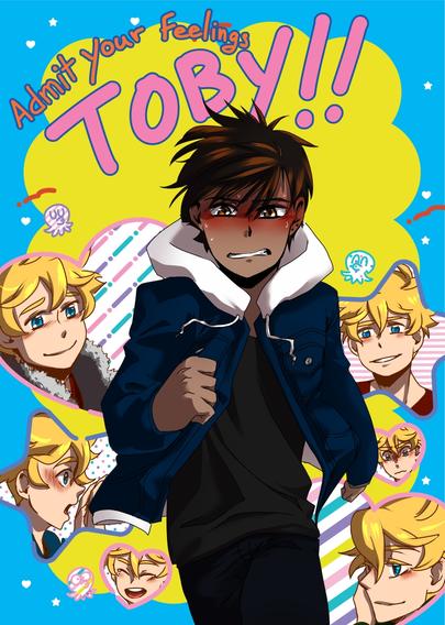 Digital colored art of a poc character running towards the viewer looking love panicked with hearts and star shapes filled with a blonde haired boy making different expressions. Text reads, "Admit your feelings, Toby!"