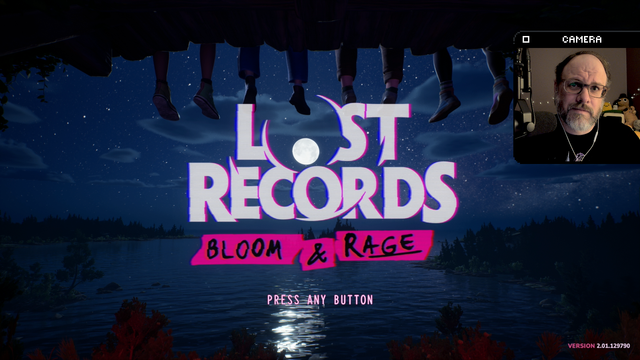 The title screen of Lost Records: Bloom and Rage. The camera is just under a wooden platform, with four pairs of legs dangling down. It’s nighttime, and a full moon is shining—conveniently in the middle of the “O” in the game’s logo. The four young people are looking out over a lake surrounded by trees. On the right is an inset image of me looking at the camera. I seem pretty concerned.