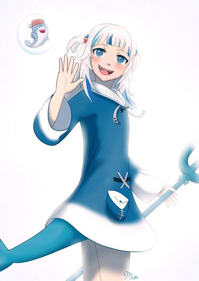 Picture of Gawr Gura, Hololive Myth VTuber, and her mascot Bloop, turning and waving before walking off into the light.