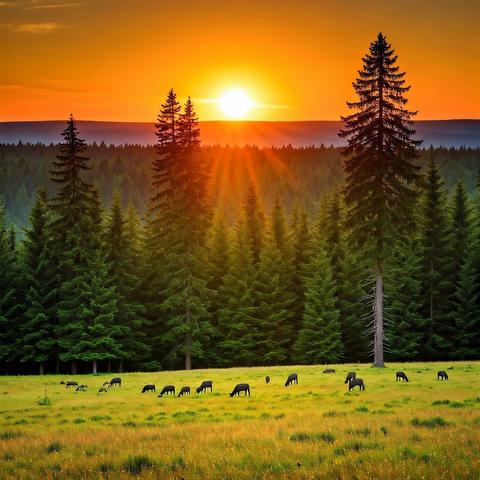 Das Bild zeigt eine idyllische Landschaftsszene bei Sonnenuntergang oder Sonnenaufgang.
Im Vordergrund befindet sich eine grüne Wiese mit hohem Gras, auf der eine Herde dunkler Tiere, möglicherweise Rehe oder Hirsche, friedlich grast.
Dahinter erstreckt sich ein dichter Nadelwald mit hohen Tannen oder Fichten. Die tiefstehende Sonne wirft lange Schatten und taucht die Szene in ein warmes Licht. Besonders zwei hohe Nadelbäume auf der rechten Seite fallen auf.
Am Horizont sind bewaldete Hügel zu erkennen, die sich in die Ferne ziehen.
Der Himmel wird von der unter- oder aufgehenden Sonne dominiert, die als leuchtender Ball knapp über dem Horizont steht. Ihre Strahlen brechen durch die Bäume und färben den Himmel in intensiven Orange-, Gelb- und Rottönen.
Die gesamte Szene strahlt Ruhe, Frieden und natürliche Schönheit aus.