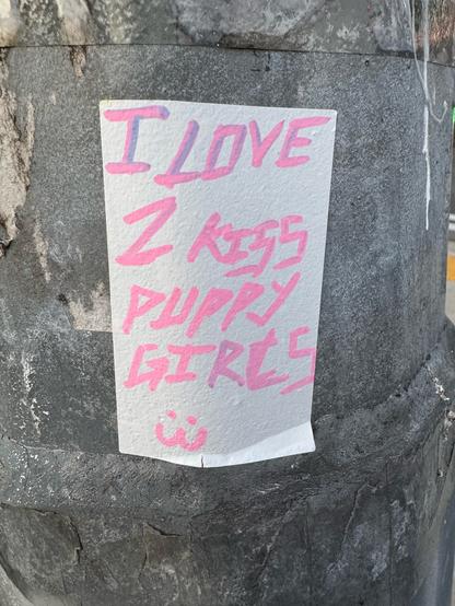 Hand-written sticker tag that says “I love 2 kids puppy girls :3”