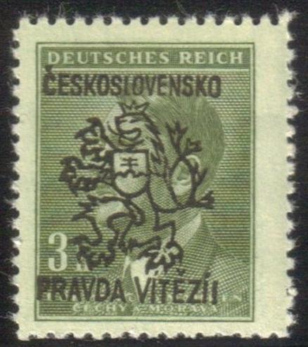 olive green stamp of Protectorate of Bohemia and Moravia, featuring Hitler portrait facing left, denomination 3 Kr.

overprint in black

ČESKOSLOVENSKO

Bohemian lion rampant carrying a shield with the eblem of Slovakia

PRAVDA VITÉZÍ!