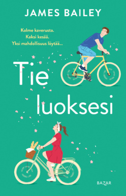 Tie luoksesi kirjan kannessa on piirrokset pyöräilevästä miehestä ja naisesta.