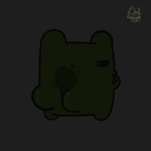 A dark grey image in wich you can sense that there is a frog showing its yummy butt while wondering what happened to all go into blackout.
