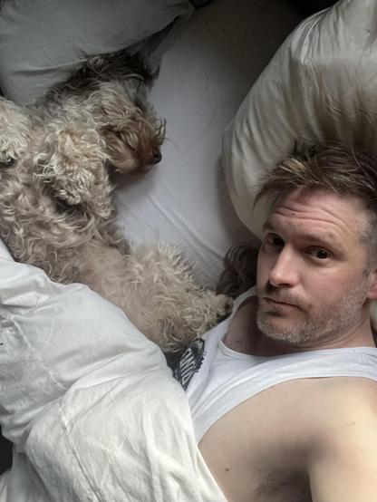 A very cute labradoodle taking up WAY too much space in bed. And some guy next to her.