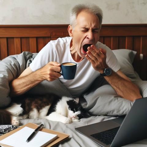 Älterer Mann sitzt im Bett mit Kaffeetasse in der Hand, er gähnt ausgiebig. Vor ihm auf der Bettdecke ein Computer-Notebook und eine schwarz-weiße Katze. Erzeugt mit KI.