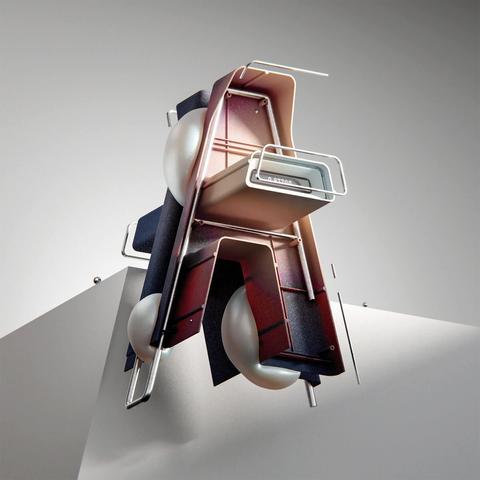 An abstract, geometric digital sculpture of the letter A, with metal rods, panels, and spherical shapes is mounted on a white corner surface against a plain background.