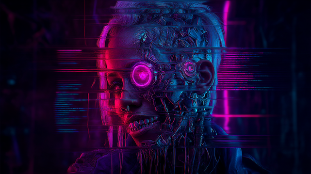 Protocole Glitch.
Portrait cyberpunk d’un cyborg avec un œil bionique rose néon, déformé par des effets glitch sur fond sombre futuriste.
Cyberpunk portrait of a cyborg with a neon pink bionic eye, distorted by glitch effects on a dark futuristic background.