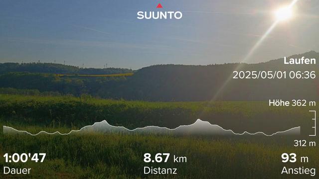 Hügelige Waldlandschaft und die Zahlen meines Laufes sind zu sehen.

8,67 km mit 93 Höhrnmetern in 61 Minuten