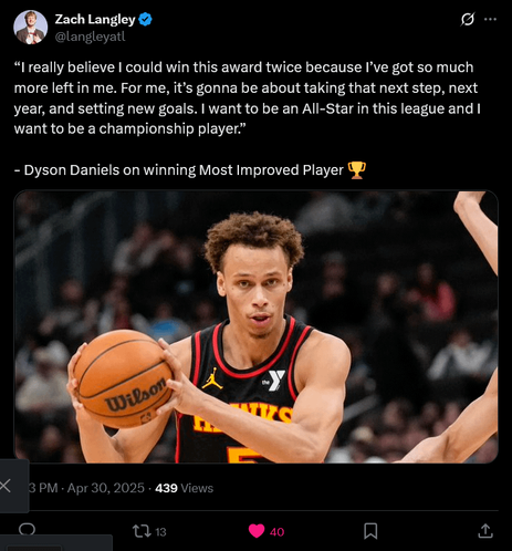 [ Dyson Daniels] “I really believe I could win this award twice because I’ve got so much more left in me. For me, it’s gonna be about taking that next step, next year, and setting new goals. I want to be an All-Star in this league and I want to be a championship player.” Via Zach Langley