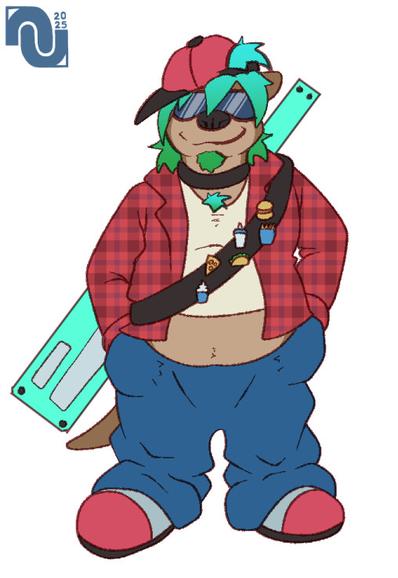 A chubby short otter wearing large sunglasses, a sidewards baseball cap, a collar, a tanktop riding up his belly a bit, a red flannel shirt, baggy blue jeans, and tennis shoes. He has a Keytar strapped across his back, with a bunch of fast food pins on the strap.