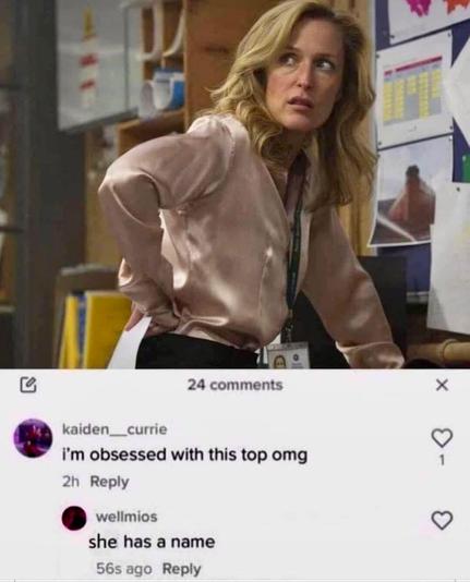 *Image of actress Gillian Anderson with a satin shirt*
Comment under the picture: 'I'm obsessed with this top omg'
Second comment: "She has a name"
