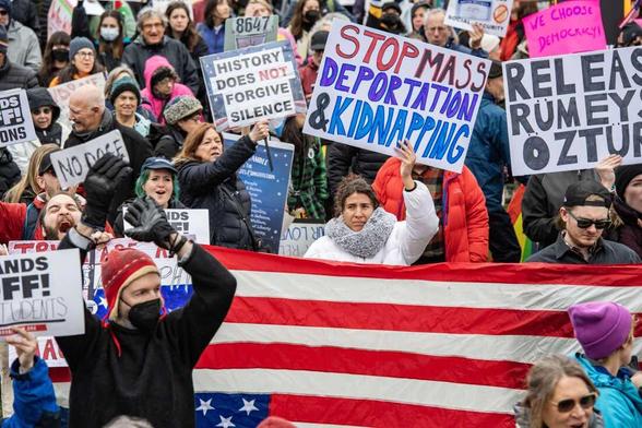 Demonstrators gather on Boston Common during the nationwide “Hands Off!” protest against Donald Trump and Elon Musk in Boston, Massachusetts, April 5, 2025. (Joseph Prezioso/AFP/Getty)