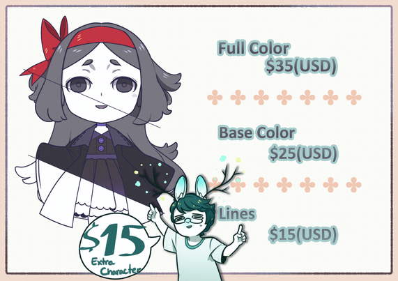 A Chibi/Super Deformed commission sheet showing a drawing of Erin (character, unown gijinka, they/them pronouns) in three parts: Full Color, Base Color and Lines (Lineart). Lower middle is my persona, a jackalope wolpertinger hybrid in humanoid form, pointing the drawing with the right hand and the left hand at the commission prices.