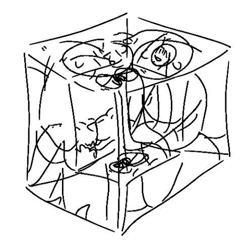 A hypercube where benjamin and benicio are forced to have panelings based on the sides of the hypercube, zoomed in at impossible and inconsistent angles. But they are cuddling, and they are in love.