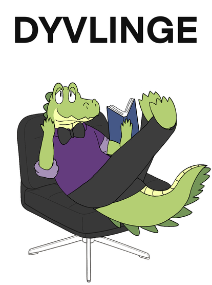 A drawing of the instruction manual for the IKEA DYVLINGE chair, but instead there is an alligator sitting on the chair with his feet up and legs crossed while reading a book.