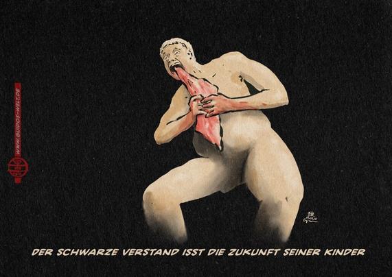 Illustration in Art eines Bildzitates nach Goyas Wer „Saturn isst eines seiner Kinder“. Man sieht einen leicht untersetzten nackten Mann vor dunklem Hintergrund mit kurzen weißen Haaren, der mit blutigen Händen ein Stück Fleisch fest gepackt hält, von dem er -den Wahnsinn in den Augen- Stück um Stück isst. Textzeile: Der schwarze Verstand isst die Zukunft seiner Kinder.