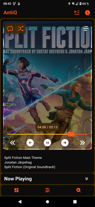 Ein Audioplayer auf einem Handy spielt das Main Theme von Split Fiction ab. Bildbestimmend ist das große Albumcover in der Mitte.