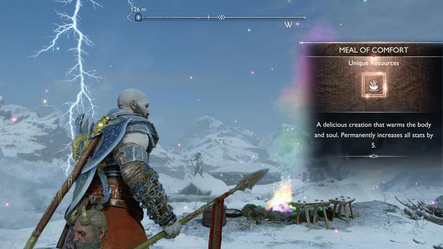 The same view as before, with an info box saying "Meal of Comfort - unique resources. A delicious creation that warms the body and soul. Permanently increases all stats by 5."