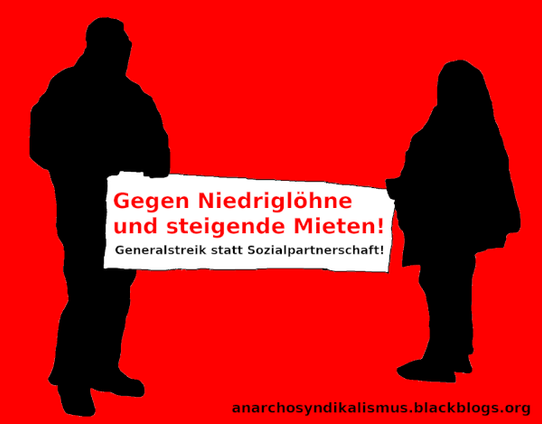 Graphik mit schwarzen Silouetten von zwei Personen, die ein weißes Banner vor rotem Hintergrund halten