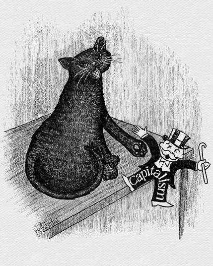 A digital pen and ink drawing of a black cat sitting on a table turning towards the viewer. The cat is knocking a “monopoly man“ with the words “capitalism “on him off the table.