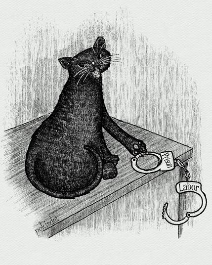 A digital pen and ink drawing of a black cat sitting on a table turning towards the viewer. The cat is knocking a pair of handcuffs with the words “prison labor“ off the table.