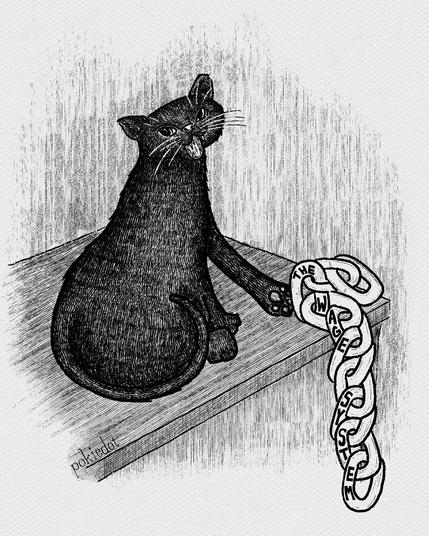 A digital pen and ink drawing of a black cat sitting on a table turning towards the viewer. The cat is knocking a pile of chains with the words “the wage system“ off the table.