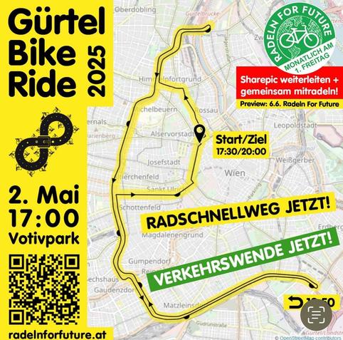 Stadtplan von Wien mit der Gürtel Bike Ride Route eingezeichnet