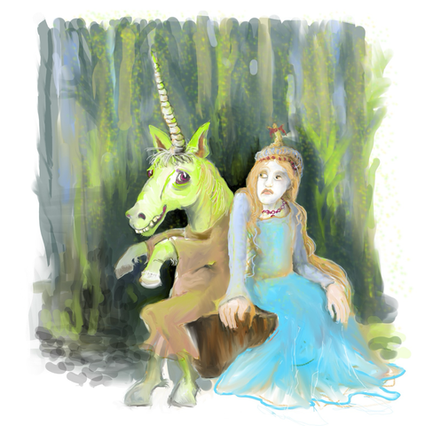 Ein grünes Einhorn in einem braunen Kittel und eine junge Dame mit langem Haar und blauen Kleid sitzen auf einem Baumstumpf. Die junge Dame hat einen Kopfschmuck, der in einem Horn mündet. Sie sieht so aus, als wäre sie nicht erfreut, das Einhorn zu sehen. Das Einhorn hat große rote Augen und grinst mit einem großen Mund. Es hat große, schiefe Zähne. Im Hintergrund des Bildes ist ein dunkler Wald