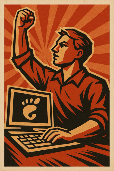 A bold, stylized illustration in a retro propaganda poster style shows a determined person raising a clenched fist in the air while typing on a laptop. The laptop screen displays the GNOME logo, symbolizing support for open-source software. The background features dramatic rays in red and orange, emphasizing empowerment and solidarity.