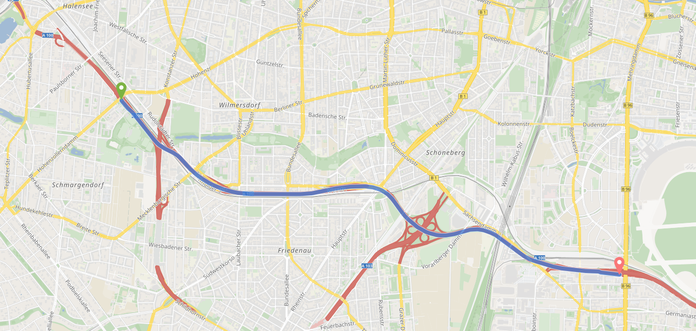 Kartenausschnitt: Stadtautobahn A100 vom Hohenzollerndamm bis Tempelhofer Damm
(GraphHopper)