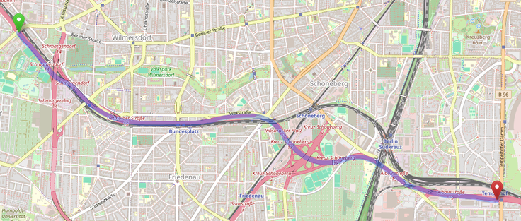 Kartenausschnitt: Stadtautobahn A100 vom Hohenzollerndamm bis Tempelhofer Damm
(OpenStreetMap)