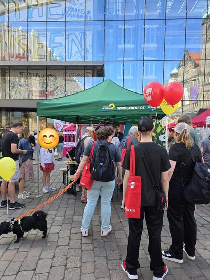 Bild zeigt einen Informationstand von der Partei BÜNDNIS 90/DIE GRÜNEN auf dem Neumarkt in Chemnitz. An dem Stand stehen unzählige interessierte Menschen.