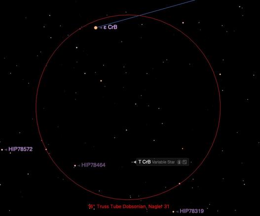 Close up star chart showing T Coronae Borealis relative to Epsilon, the last night star in the constellation going clockwise
