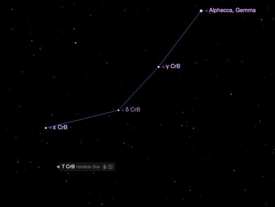Star chart showing the way to T Coronae Borealis from Alphecca, the brightest star in the constellation