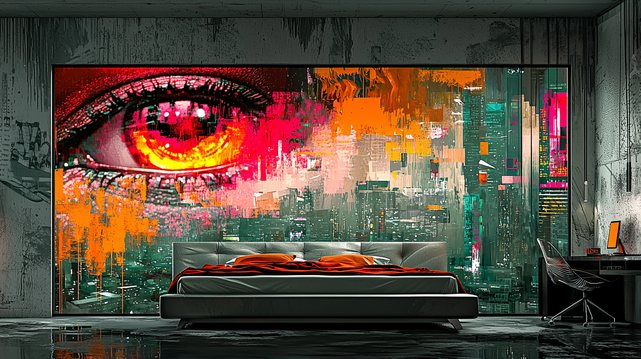 La Chambre du Guetteur.
Chambre cyberpunk futuriste avec une fresque murale glitch montrant un œil flamboyant au-dessus d'une ville numérique.
Futuristic cyberpunk bedroom with a glitch mural depicting a blazing eye above a digital cityscape.